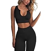QINSEN Workout Outfits for Women 2 Piece Ribbed Seamless Crop Tank High Waist Yoga Leggings Sets