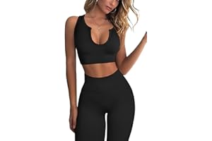 QINSEN FAFOFA Workout Outfits for Women 2 Piece Ribbed Seamless Crop Tank High Waist Yoga Leggings Sets