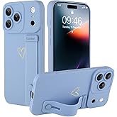 Ufbara Compatible with iPhone 17 Pro Max Case for Women Men, Cute Love Heart Pattern, Built in Adjustable Metal Wrist Strap Grip Hand Holder Kickstand Soft Silicone Cover 6.9 Inch, Blue