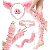 Pig Costume Accessories for Women Sexy Piggie Costumes- Pink Arm Sleeves & Leg Warmers with Miss Piggy Ears Headband, Piglet Snout Nose, Swiggly Tail & Heart Necklace Choker Adults Halloween & Cosplay