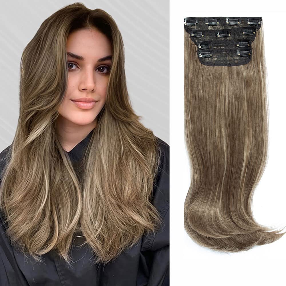 Hair Extensions Clip in 4pcs Brown with Blonde Highlights Synthetic Hair Extension Long Straight Thick Full Head Wavy Hair Pieces for Women — image 1