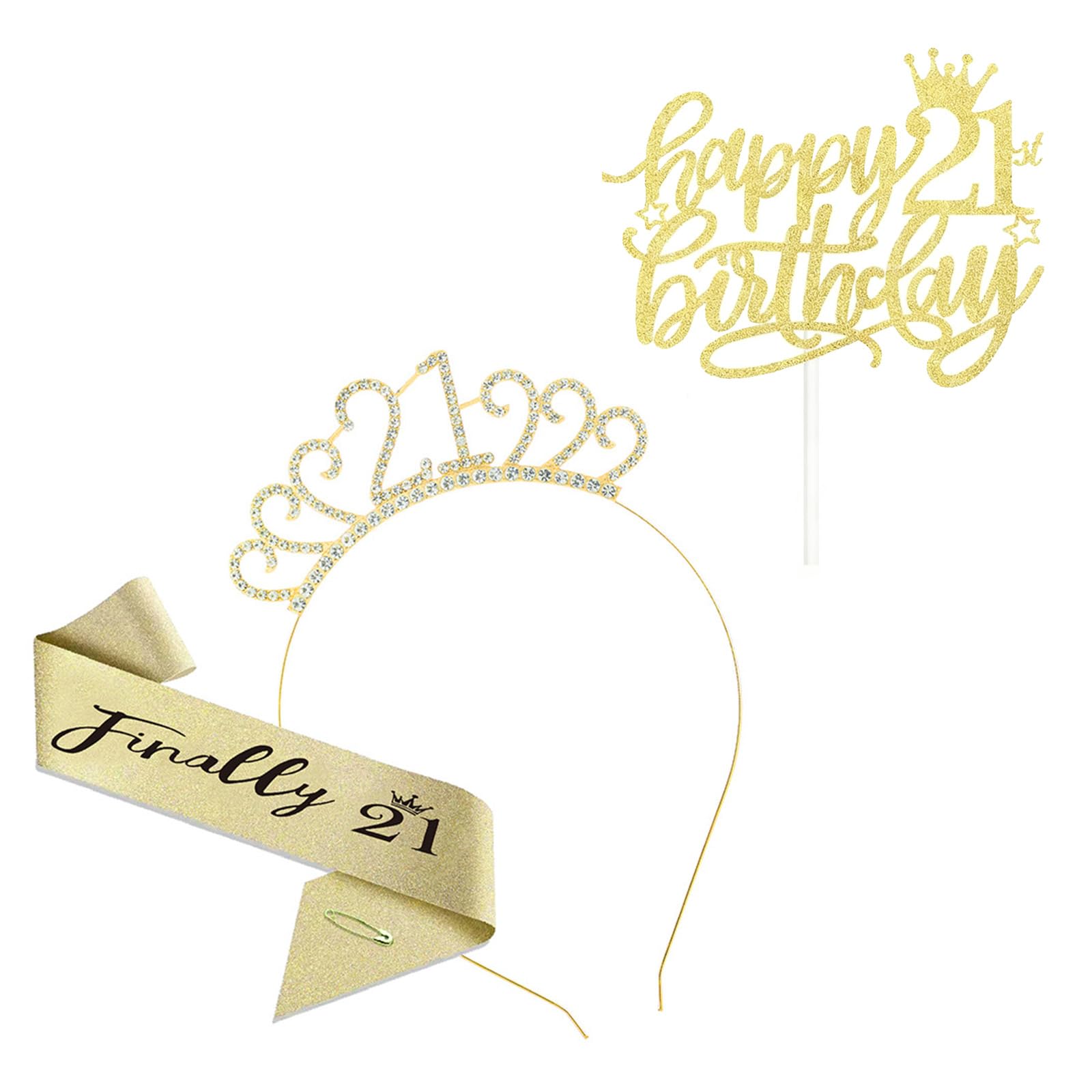 Gkhlg 3 Pieces 21st Birthday Decorations Set (Tiara + Sash + Banner) with Shining Rhinestones and Rose Gold Letters 21st Birthday Sash for 21st Birthday Party Celebrations and Photography Props (Gold)