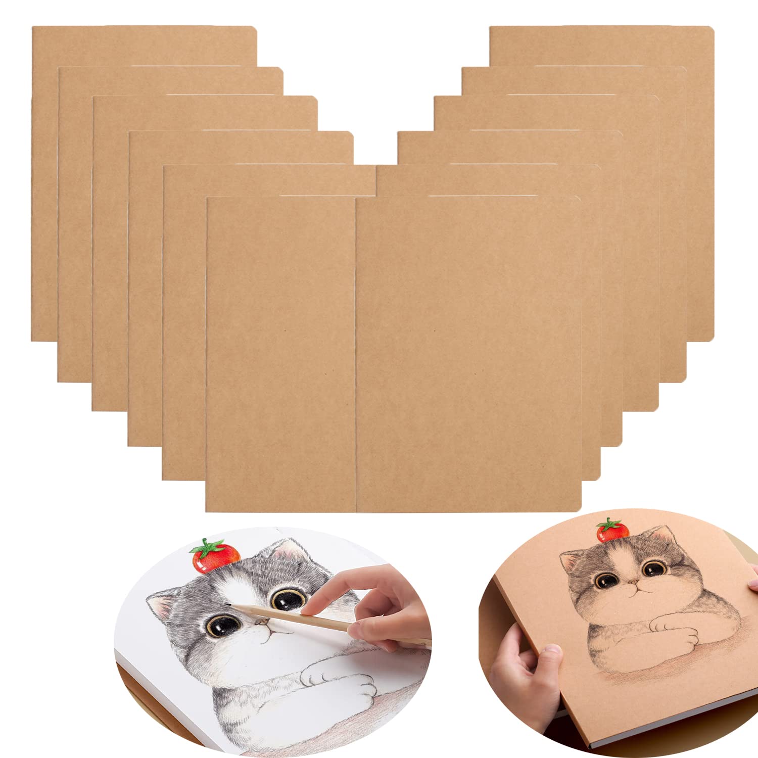 12Pack Kraft Notebooks, A5 Size Blank Paper Sketchbooks Journals in Bulk, 30 Sheet, 60 Pages, 80GSM, 8.3x5.5 Inch, Kraft Paper Notebooks Set for Students Travelers School Office.(Brown)