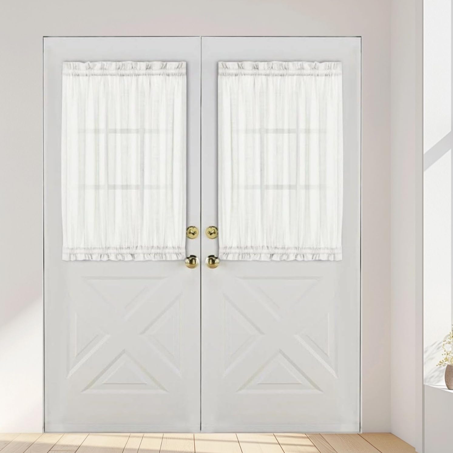 Aquazolax Sheer Kitchen Curtains Sets for Windows, Lightweight Rod Pocket Voile French Door Curtain Panels Set of 2 for Glass Window, 54W x 40L, White