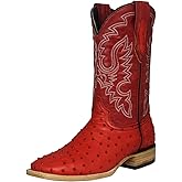 Texas Legacy Mens Red Western Cowboy Boots Ostrich Quill Print Leather Square Toe