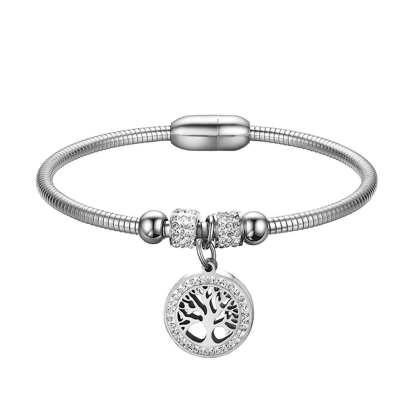 JewelryWe Women's Hollow Tree of Life Bracelet-Shiny Rhinestone Inlay Stainless Steel Magnetic Buckle Bangle Bracelet(Silver)