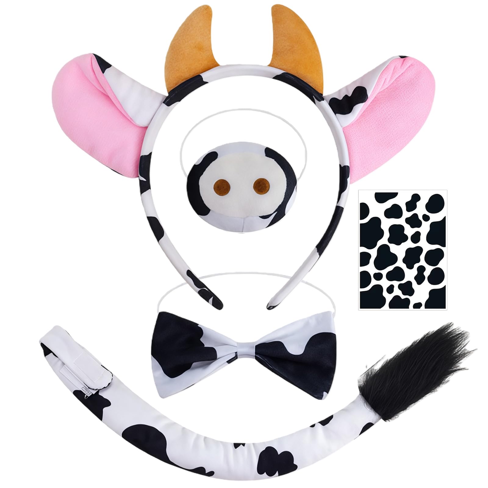 AYNKH 5PCS Cow Costume,Cow Ear Headband,Tail, Nose, Bow Tie and Sticker Set,Cow Outfit Animal Themed Costume Accessories for Carnival Halloween Cosplay Party Dress up