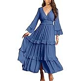 Amegoya Women's V Neck Long Sleeve Boho Maxi Dress Summer Wedding Guest Long Flowy Engagement Dresses