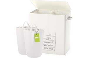 BATHOLA Double Laundry Hamper with Lid, 135L Clothes Hampers for Laundry with Removable Bags & Labels, Laundry Hamper 2 Section for Separating, Large Laundry Basket for Laundry Room, Bedroom, Beige