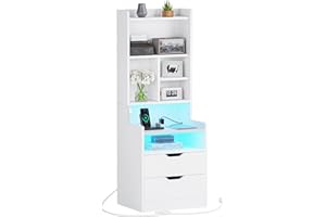 ADORNEVE Tall Night Stand with Charging Station and LED Lights,White Nightstand with Bookshelf,Bedside Table with Drawers & Power Outlets,End Side Table for Bedrooms