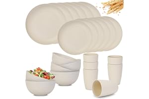 RVXHUA Reusable Plastic Dinnerware Sets for 6, Wheat Straw Microwave Safe Cups Plates and Bowls Set, Unbreakable Kitchen Dish