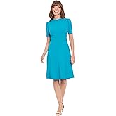 London Times Women's Dresses Women's Mock Neck Short Puff Sleeve Fit and Flare - Professional Work Dress - Wedding Guest Cocktail Dress, Barrier Reef, 8
