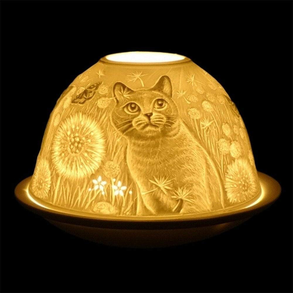 Nordic Light Shade | Cat with Dandelion Tealight Holder Plate | Lace Gift Idea | Candle Accessories, White Patterned, One Size