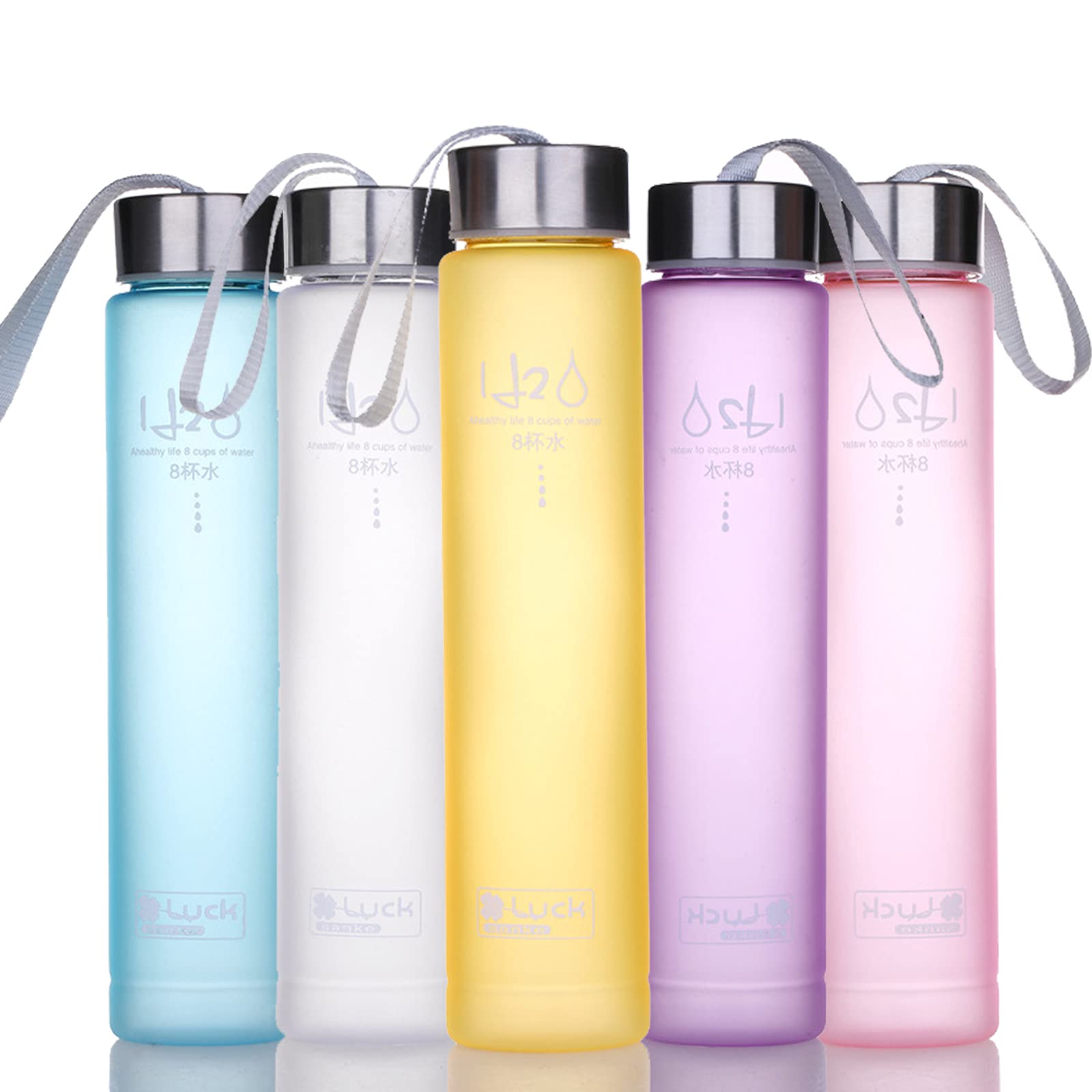 Sports Water Bottle BPA Free Plastic Wide Mouth Slim Frosted Cup with Leak-proof Lid for Running Gym Yoga Outdoors 280ml