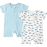 Teach Leanbh Unisex 2 Pack Bamboo Viscose Pajamas 2 Way Zipper Short Sleeve Printed Romper Jumpsuit Sleep and Play
