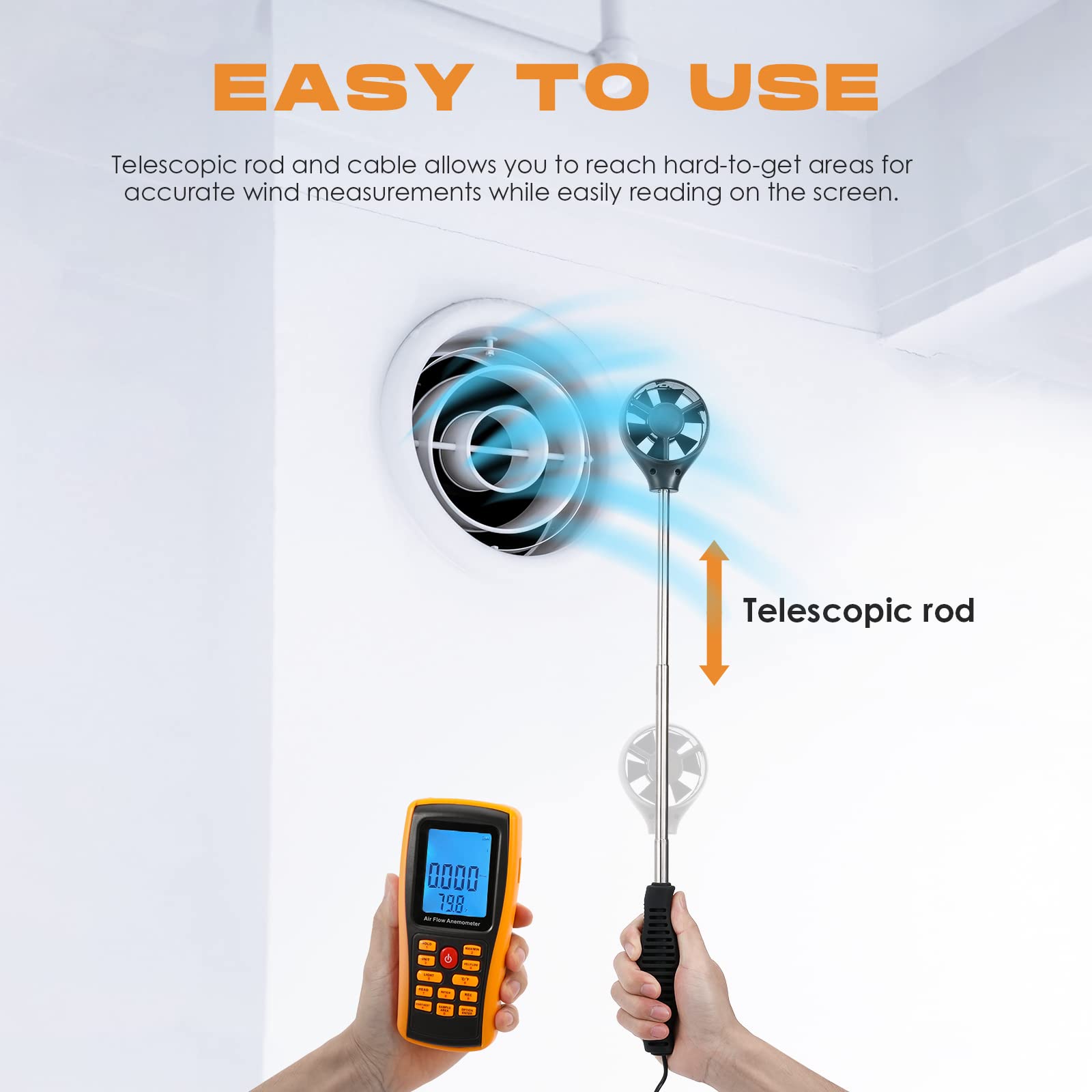 Bonvoisin Windmesser Anemometer Handheld CFM/CMM Luftstrom-Geschwindigkeitsmesser mit hintergrundbeleuchtetem LCD-Display für die HVAC in-Luftkanal-Luftstrom-Luftgeschwindigkeitstemperatur 6