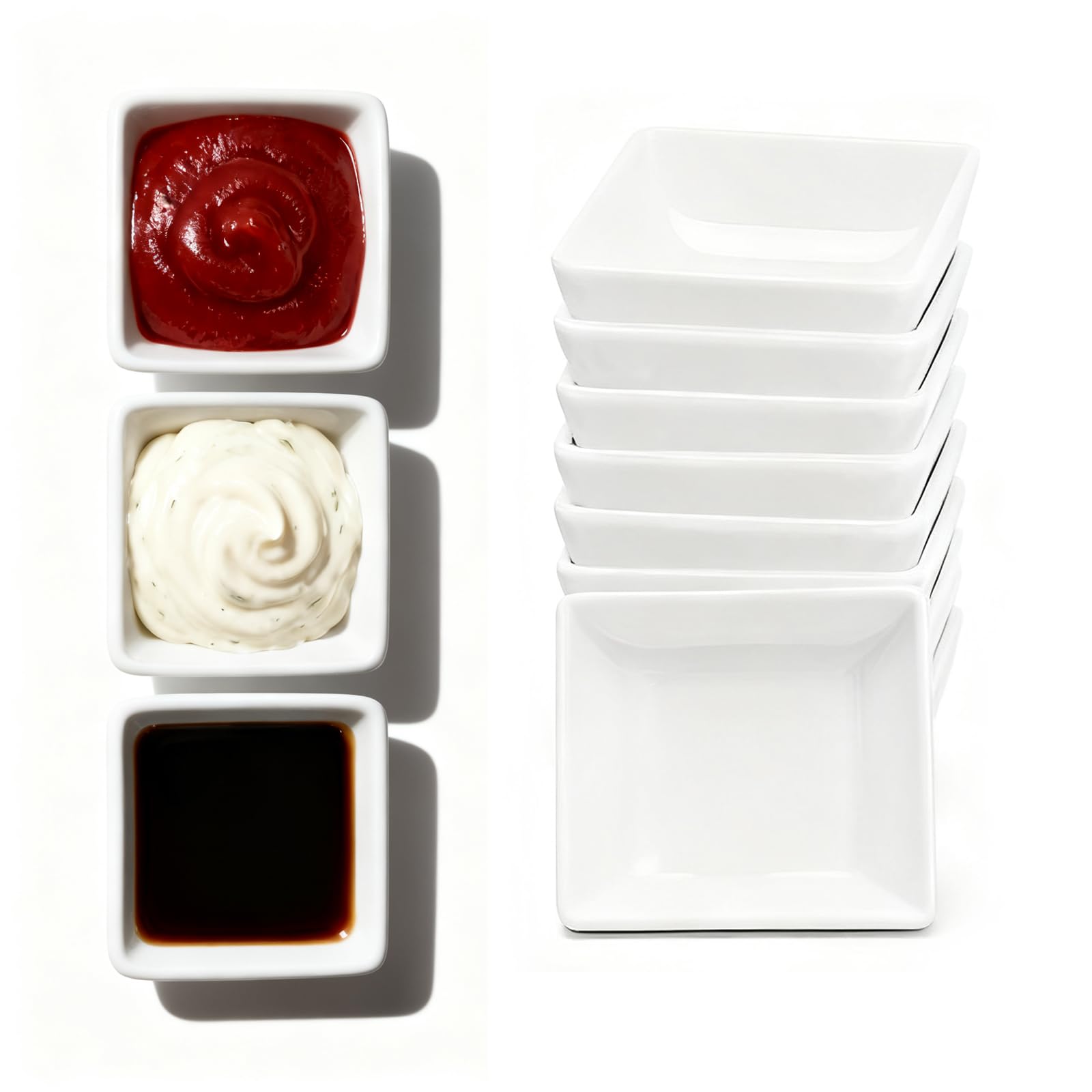 sinzau Square Plastic Dipping Bowls: 12 Pieces Small Snack Bowls for Party Bbq - White Soy Sauce Dishes for Dip Ketchup Nuts Candy