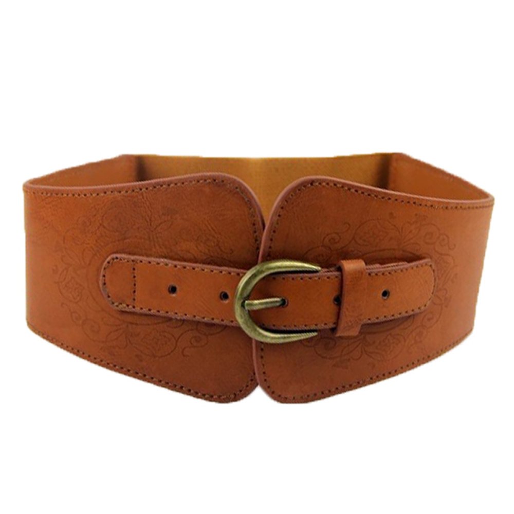 szzqdzsw Women Ladies Vintage Wide Faux Leather Flower Print Elastic Stretchy Corset Cinch Belt (Brown)