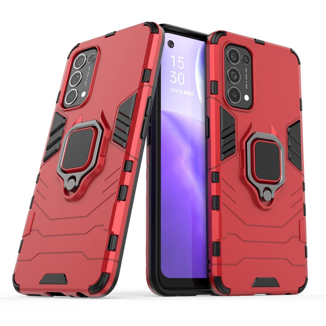 Compatible with OPPO Reno 5 5G, OPPO Find X3 Lite Case, Metal Ring Grip Kickstand Shockproof Hard Bumper (Works with Magnetic Car Mount) Dual Layer Rugged Cover (Red)