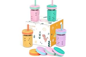 Tronco 8 oz Glass Sippy Cup for Toddlers, Kids Mason Jar Smoothie Cup with Silicone Sleeves & Spill Resistant Flexible Straw, Snack Cup, BPA-Free, Dishwasher Safe