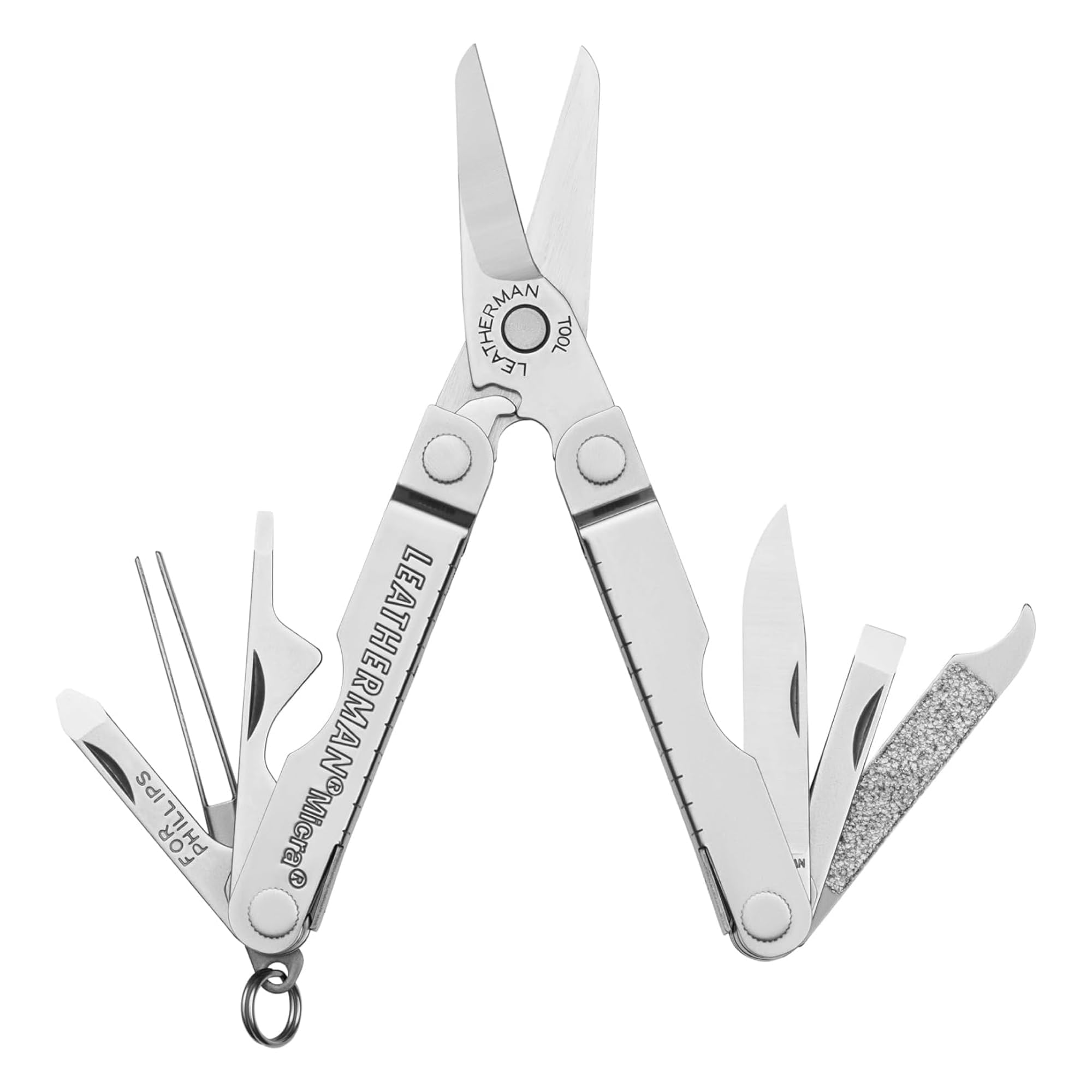LEATHERMAN, Micra, llavero multiherramienta con herramientas de aseo, mini navaja de bolsillo para transporte diario (EDC), pasatiempos y actividades al aire libre, construida en los EE. UU., acero inoxidable