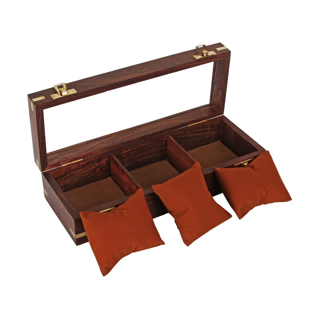 Wooden Watch Box Holds 3 Watches Jewelry Display Box Case with Glass Lid Removable Storage Pillows
