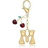 Yonuni Bubble Initial Keychain with Cherry - Gold Letter Bag Charms for Women, Cute Purse Handbag Accessories Gift