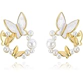 Gold Plated Butterfly Hoop Earrings with Pearl - Dainty Dangle Beaded Hoop Earrings for Women - Spring/Summer Beach Party Jewelry Gift