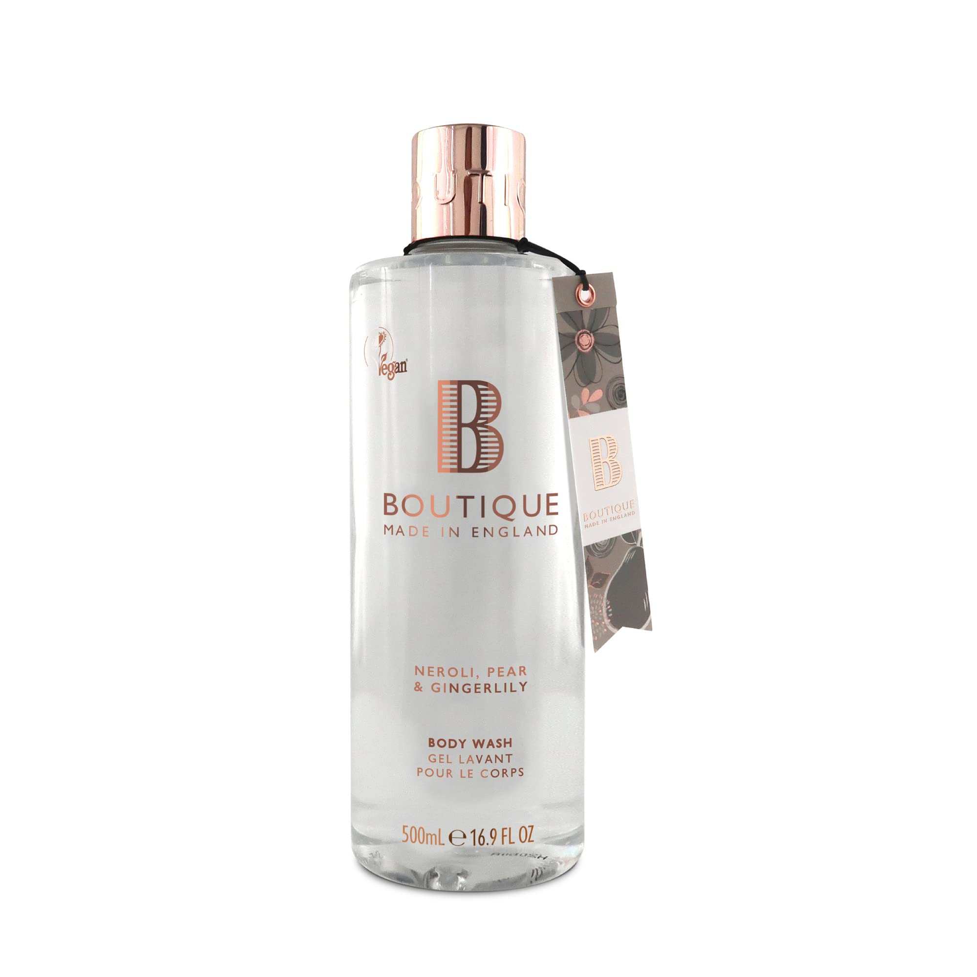 Boutique Body Wash Refereshing Neroli, Pear & Gingerlily Fragrance 500ml - Contains Essential Oils - Vegan Friendly & Cruelty Free, Contains No SLS or Parabens - Made In England