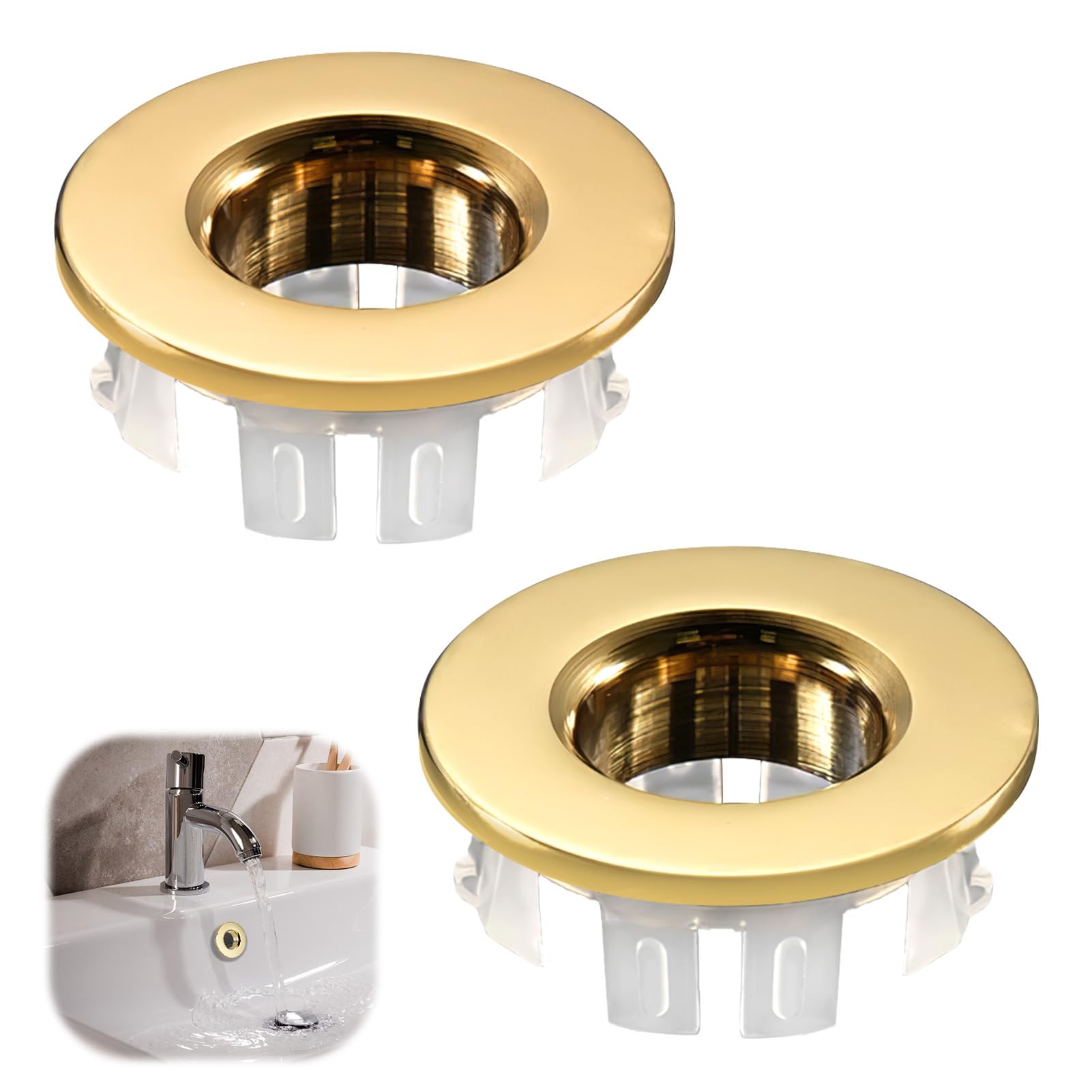 2 Pack Sink Overflow Ring Cover Brass Bath Drain Cover Hole Insert Into Sink Trim Overflow Cap for Bathroom Kitchen Wash Basin Round Universal Drainage Hole Cover Fitting Replacement, Gold