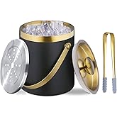 Sipoyen Insulated Ice Bucket with Lid, Handle and Tong Black Gold Stainless Steel Champagne Bucket for Party 3L Bar Cart Accessories Keep Drinks Chilled