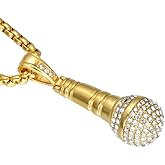 SINLEO Hip Hop Stainless Steel Cubic Zirconia Microphone Pendant Necklace for Men Women 24inch Chain