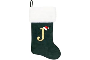 Eoocan 20 Inches Monogram Christmas Stockings Green Velvet with White Super Soft Plush Cuff Embroidered Xmas Stocking Classic