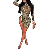 ENOPINK Women Sexy Rhinestone Feather Dress Mesh Sheer Bodycon Long Sleeve Mini Dresses Birthday Outfits Clubwear