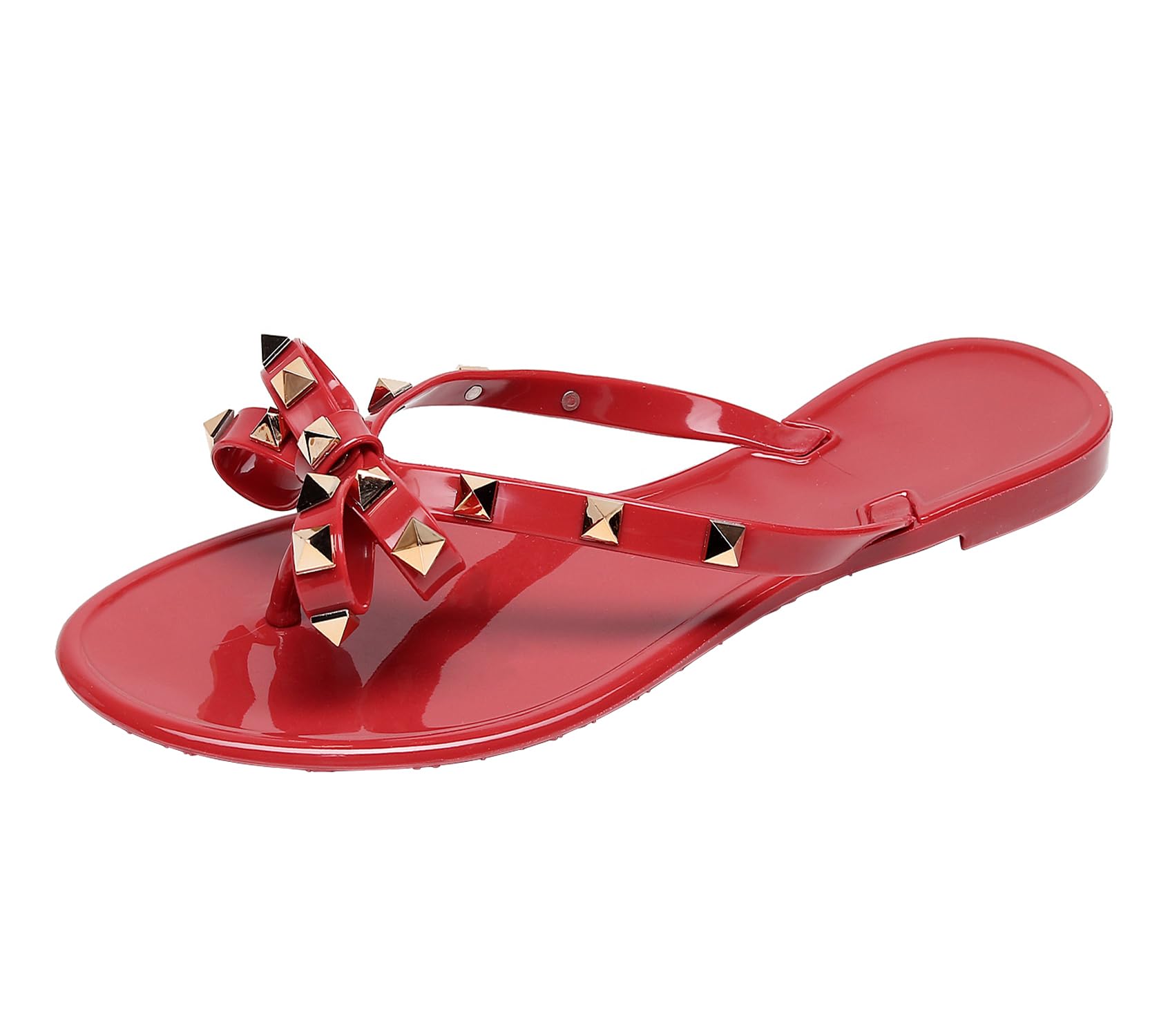 Photo 1 of OMGard Womens Sandals Flat Studded Jelly Shoes Red Jellies Flip Flops Size 6, Summer Beach Bow Thong with Rivets Strappy Slides Slip On