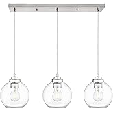 JAZAVA 3-Light Globe Island Light, Linear Chandelier with Brushed Nickel Finish, Clear Glass Pendant Light Fixture for Dining