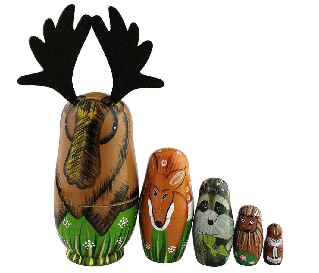 Winterworm Set of 5 Woodland Forest Animal Stacking Toy Moose Deer Raccoon Porcupine Chipmunk Mixed Nesting Doll Handmade Wooden Toy Pre-Kindergarten Toys for Kids Gift Nursery Decor