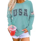 Dressmine Womens USA Shirt Casual Long Sleeve Graphic Tees Knit Crew Neck Sweatshirts Loose Pullover