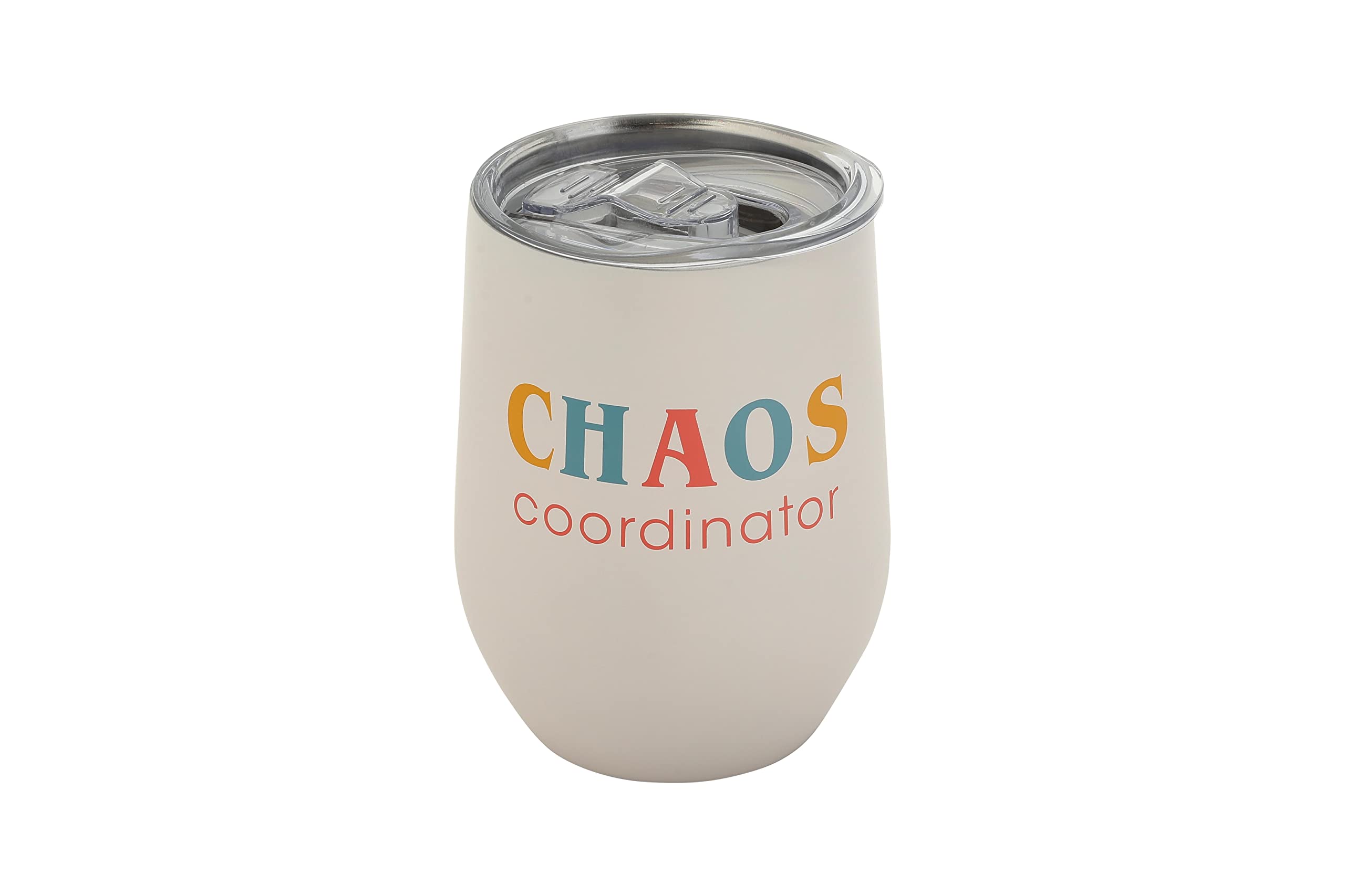 Pearhead Chaos Coordinator Stainless Steel Wine Tumbler with Press-in and Slide Locking Lid, Mother’s Day Stemless Wine Glass Tumbler Mug, New Mom Accessory, 12oz