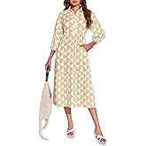 Wenrine Womens Boho Midi Dress Long Sleeve Casual Color Block Beach Button Down Shirt Dress