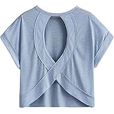 SOLY HUX Women Open Back Tops Workout Backless Tee Casual Athletic Shirts Short Sleeve Oversized Gym T Shirt