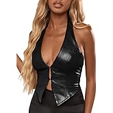 SOLY HUX Women's PU Leather Halter Tank Tops Sexy Deep V Neck Asymmetrical Vest Corset Party Clubwear