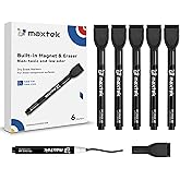 maxtek Magnetic Black Dry Erase Markers with Eraser, Fine Tip, 6 Count