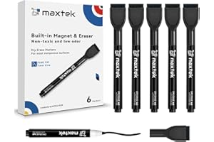 maxtek Magnetic Black Dry Erase Markers, 6 Count Fine Tip Whiteboard Markers with Eraser, Thin Markers Low Odor for Classroom, Office, Home
