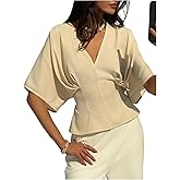 Floerns Women's Elegant Blouse V Neck Dolman Sleeve Tie Back Dressy Casual Shirts