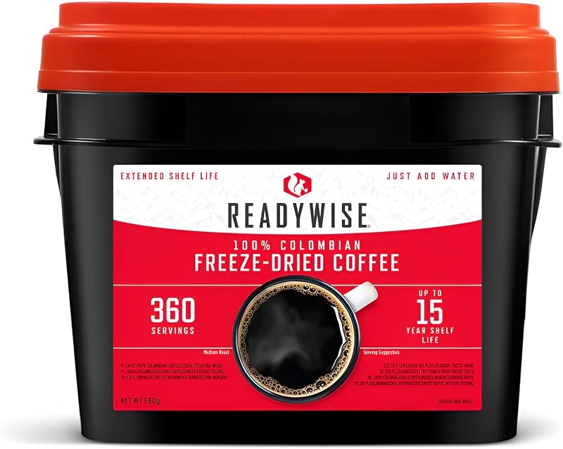ReadyWise 360 Servings Coffee Bucket 12 Pouches Freeze Dried Colombian
