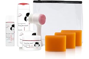 Kojie San Face & Body Complete Brightening Set - 3 x 100g Bars Soap, Body Lotion, Face Cream, Toner, and Face Cleansing Brush - 7pcs