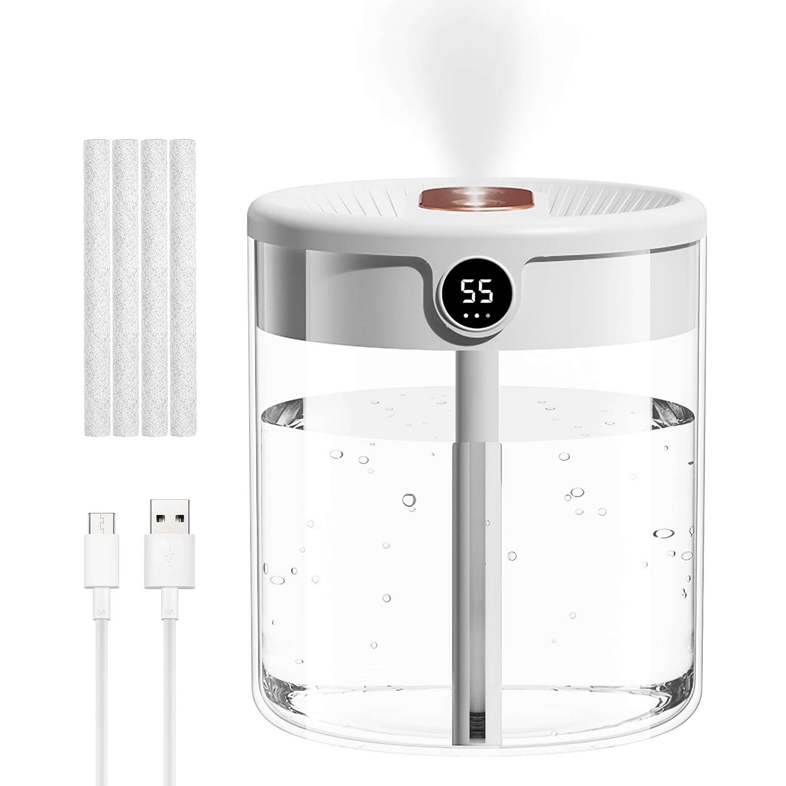 Air Humidifier, 2L Large Capacity Humidifiers with Warm Night Light, Cool Mist Humidifiers For Bedroom Home Baby Room Nursery Office Plant, Waterless Auto-Off, 40H Quiet Operation, Humidity Display