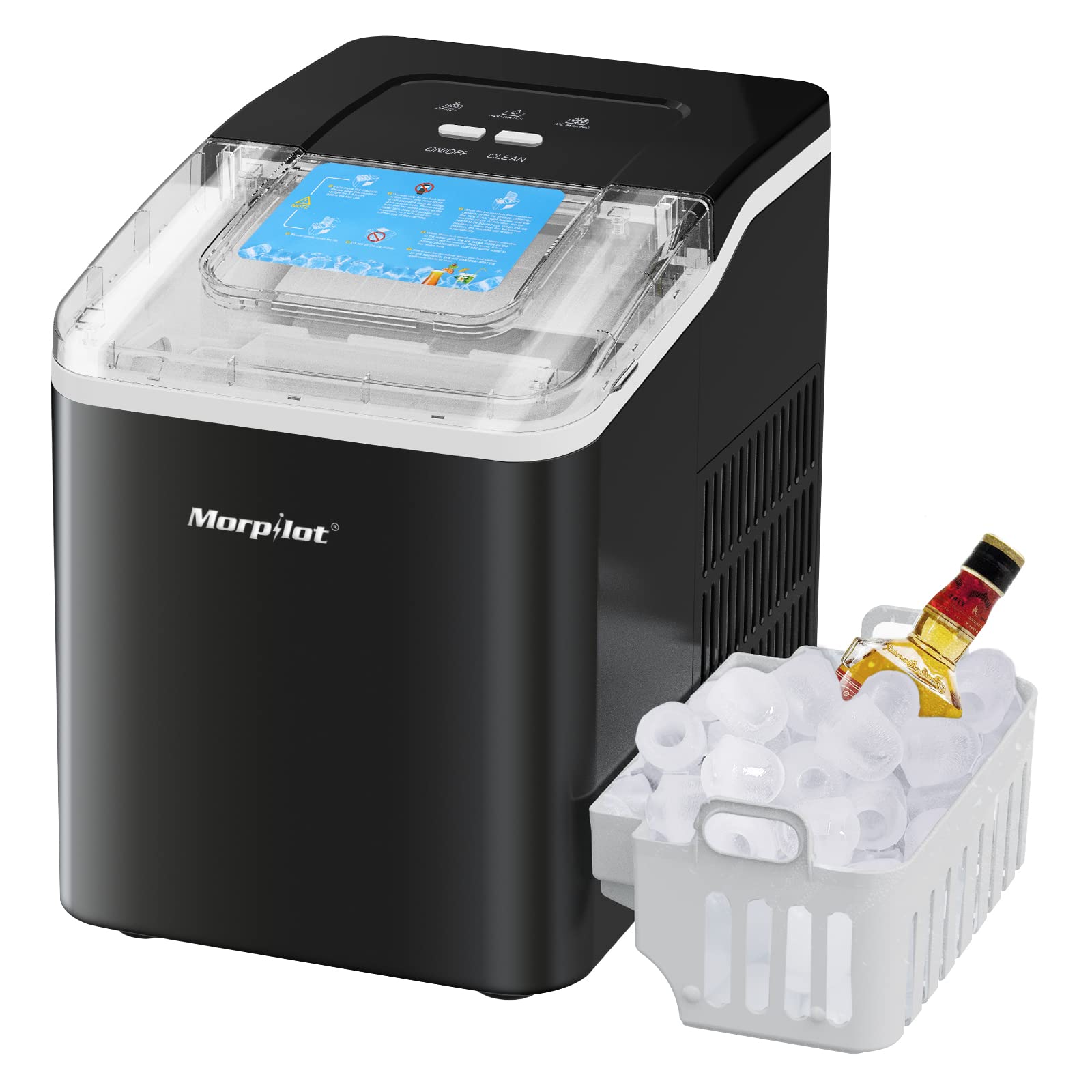 Ice Cube Maker, Morpilot 120 W Ice Cube Machine, 12 Kg 24 H, Preparation in 8-9 Min, 1.5 Litre Water Tank, Self-Cleaning Function, Black