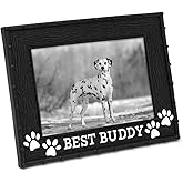 Isaac Jacobs 4” x 6” Resin Sentiments Dog Best Buddy Picture Frame, Horizontal Keepsake Photo Frame with Easel and Hanging Tabs for Tabletop, Desktop & Wall Display, (Black)